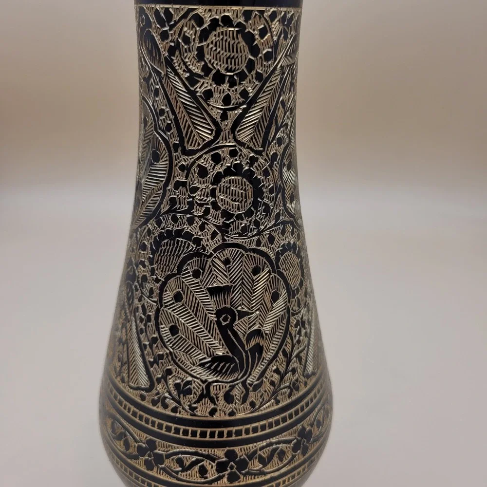 Vintage Etched Brass Peacock Vase Black Floral Engraved Metal Decor 9.5 Inch
